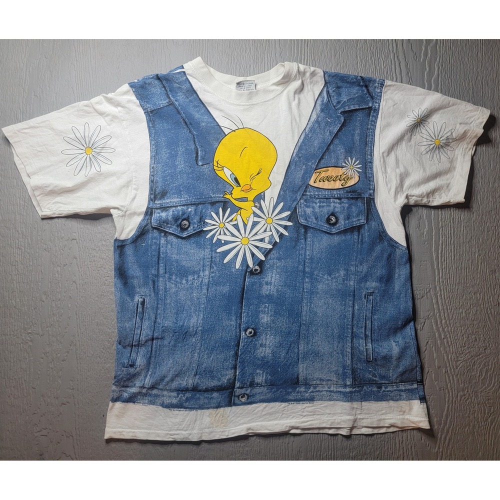 ♡Vintage 1996 Looney Tunes Tweety Bird Denim Vest Graphic T-Shirt White Large